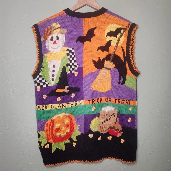 Vintage Halloween Sweater Vest XL Hand Knit Witchy Scarecrow Kitschy Teacher - Picture 3 of 11